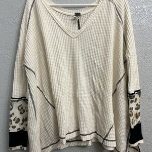 Women's Cream V-Neck Top with Leopard Print Accents